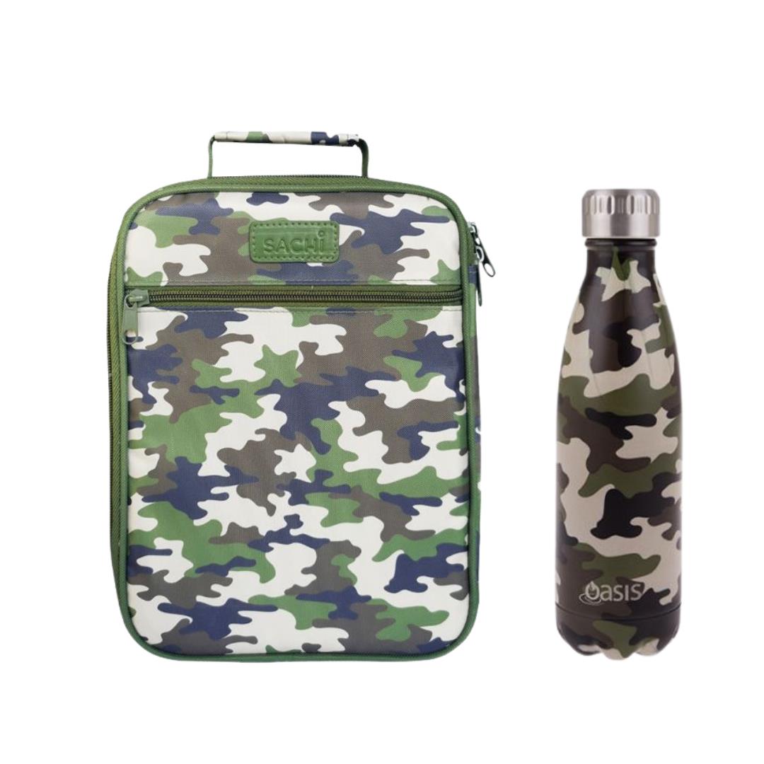 Sachi Green Camo Bag and Bottle Combo - Kids Lunch Bag and Kids Drink Bottle