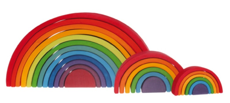 Grimm's Large Wooden Rainbow 12pcs pictured with Medium and Small Rainbows , sold separately.