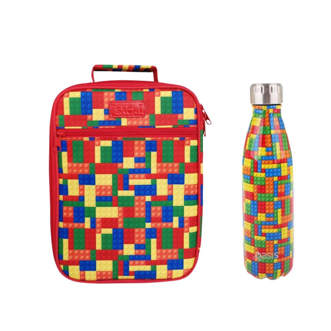 Sachi Bricks Bag and Bottle Combo - Kids Lunch Bag and Kids Drink Bottle
