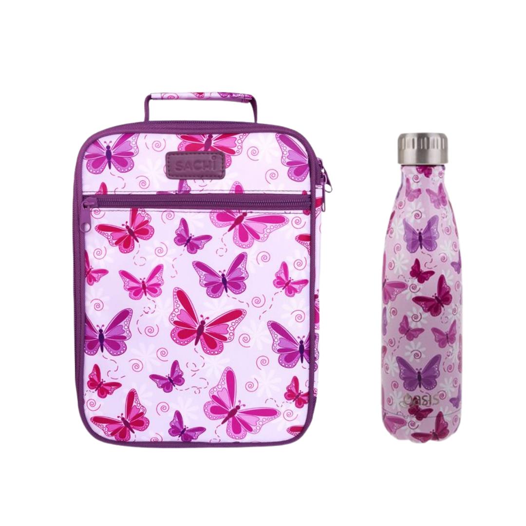 Sachi Butterflies Bag and Bottle Combo - Kids Lunch Bag and Kids Drink Bottle