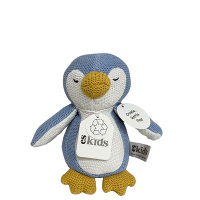 Knitted Rattle/Crinkler Penguin Blue