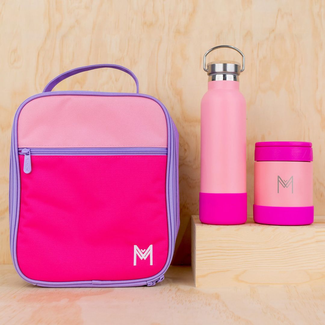 MontiiCo Insulated Large Lunch Bag and Ice Pack Colour Block Pink