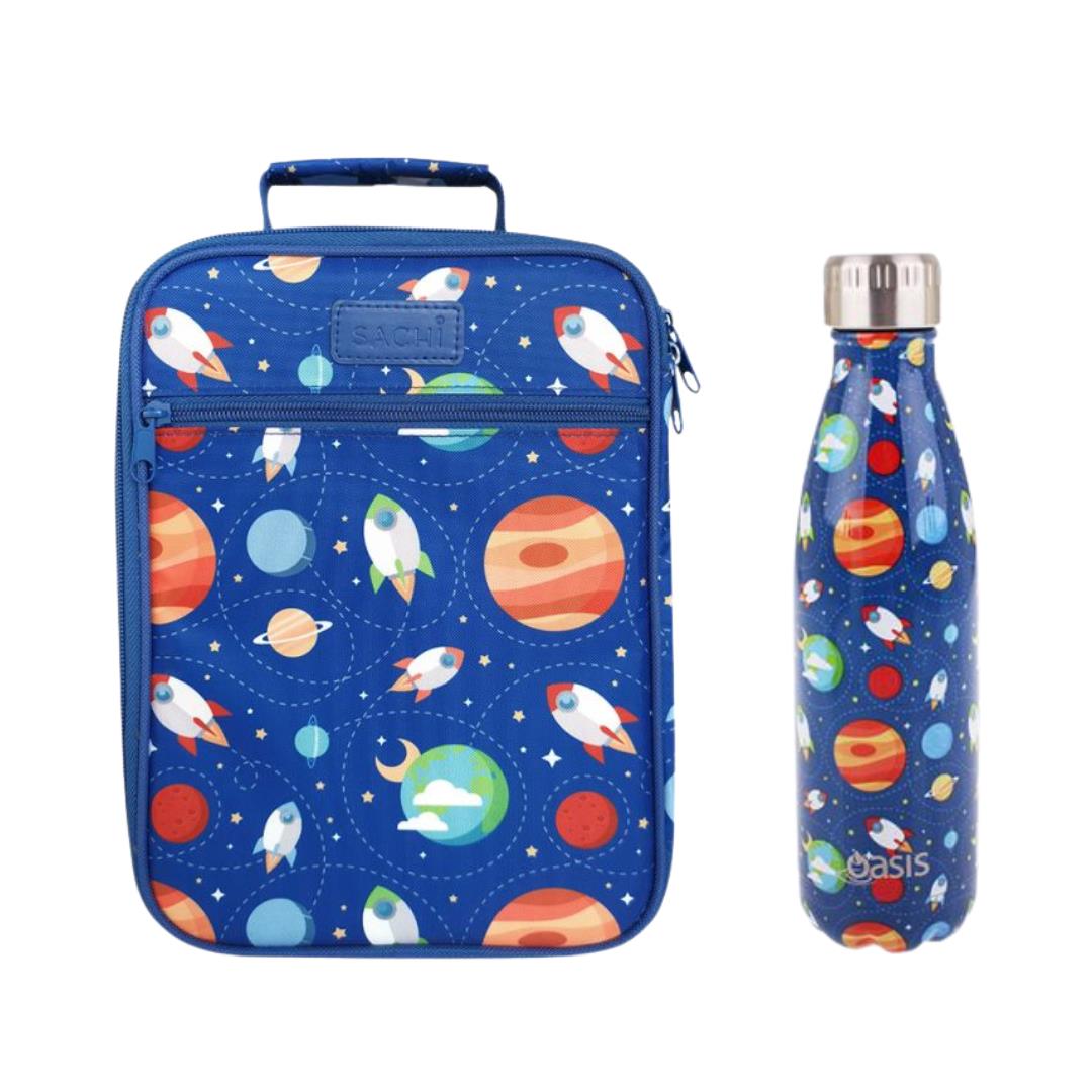 Sachi Outer Space Bag and Bottle Combo - Kids Lunch Bag and Kids Drink Bottle