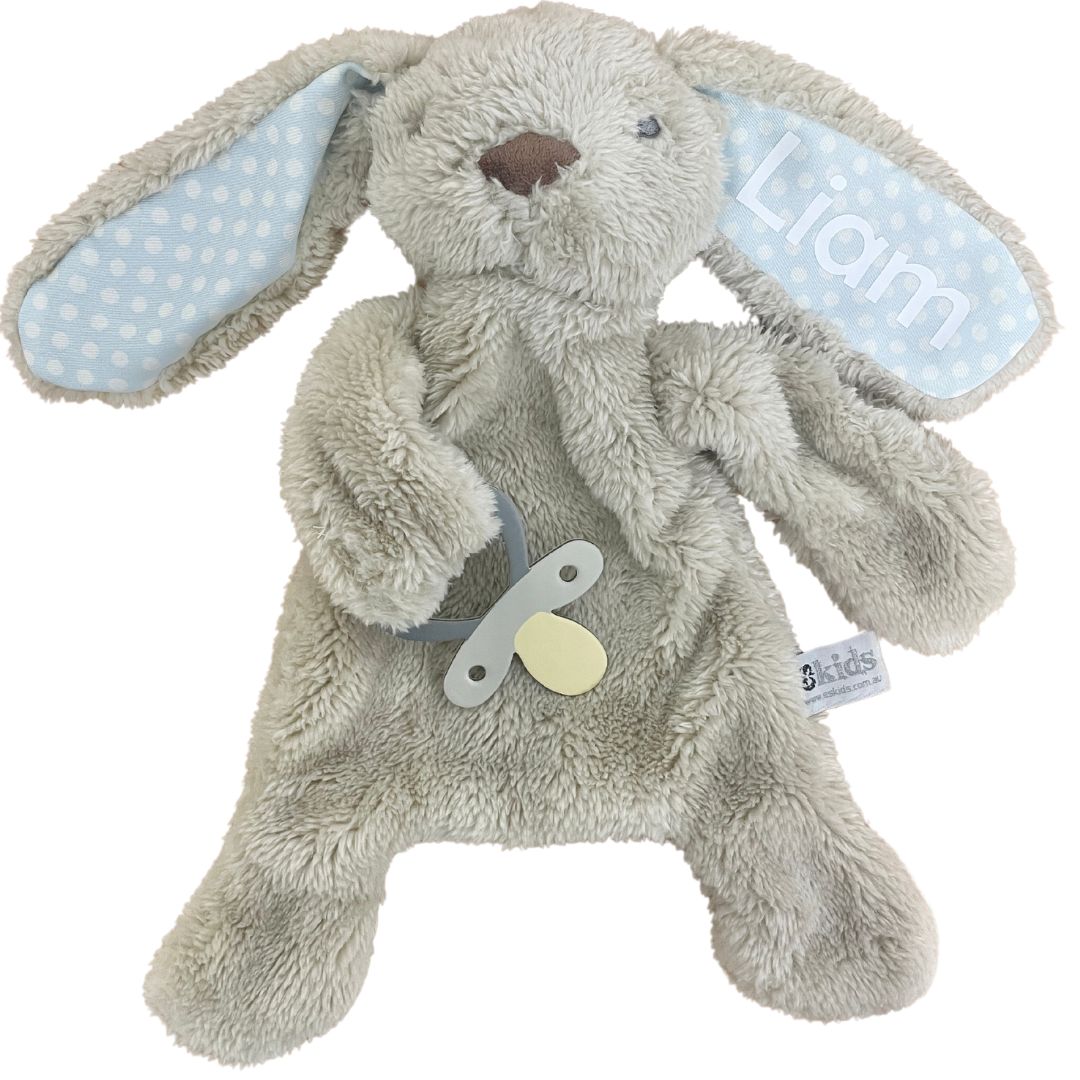 Personalised Bunny Comforter with Dummy Holder Beige and Blue